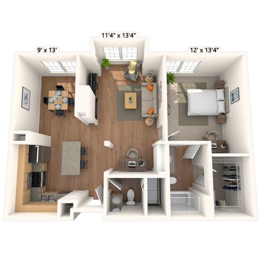 Floor plan for 1 bed, 1.5 baths, 886 sqft